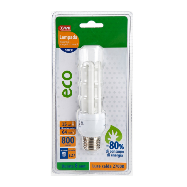 LAMPADINA ECO A TUBI 15W (=64W) E27CRAI